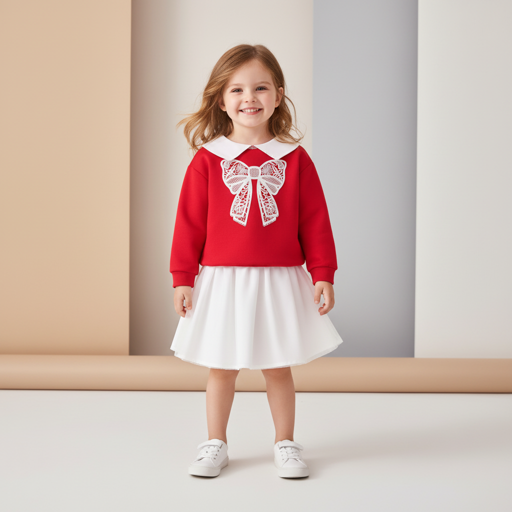 Conjunto Infantil Encanto Clássico — Blusa com Laço de Renda Vermelha + Saia Branca