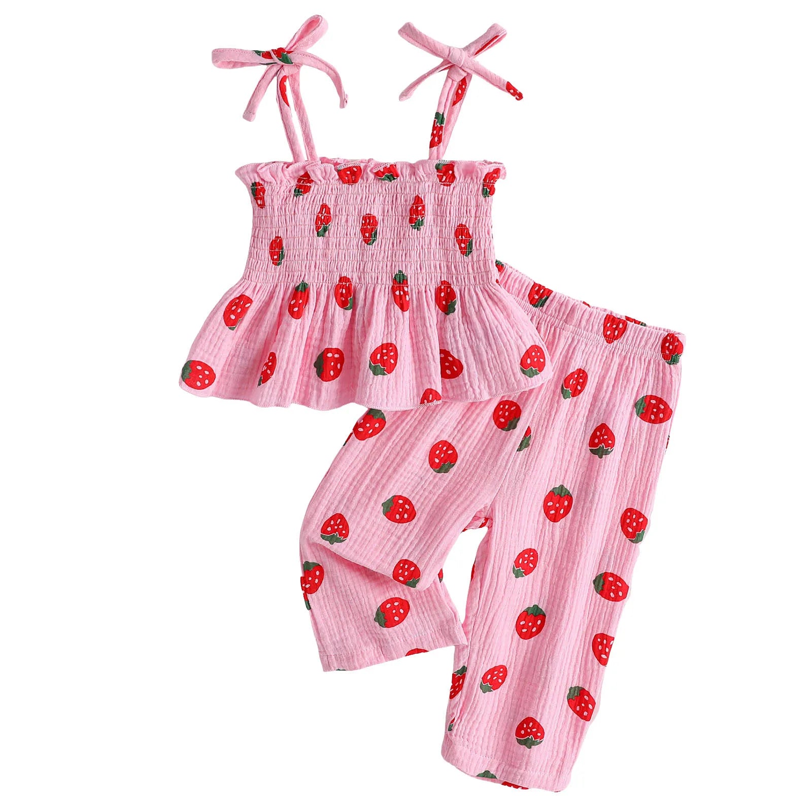 Conjunto Infantil Moranguinho Rosa — Blusa + Calça com Detalhes Franzidos