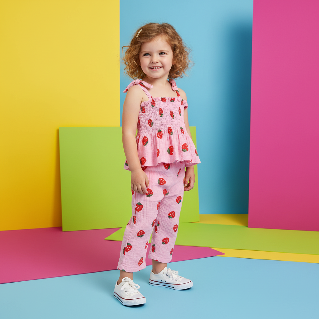 Conjunto Infantil Moranguinho Rosa — Blusa + Calça com Detalhes Franzidos