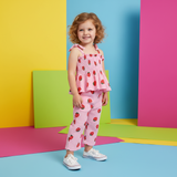 Conjunto Infantil Moranguinho Rosa — Blusa + Calça com Detalhes Franzidos