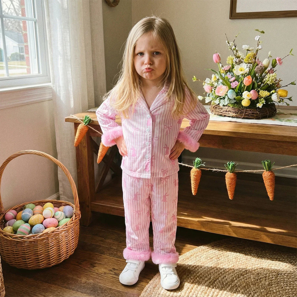 Conjunto de Pijama Coelhinho Rosa — Blusa + Calça com Pele Sintética