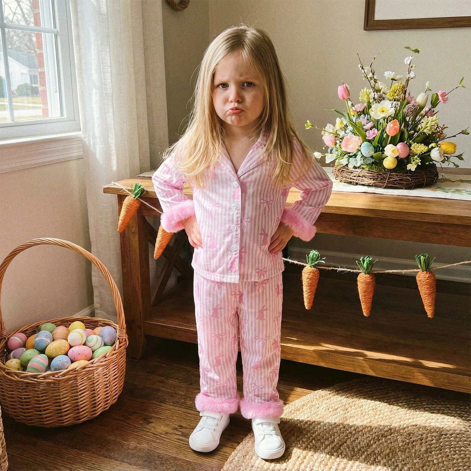 Conjunto de Pijama Coelhinho Rosa — Blusa + Calça com Pele Sintética
