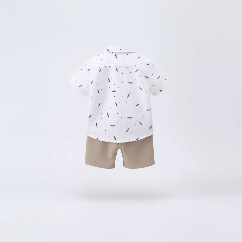 Conjunto Infantil Camisa Penas — Camisa Social + Bermuda Bege