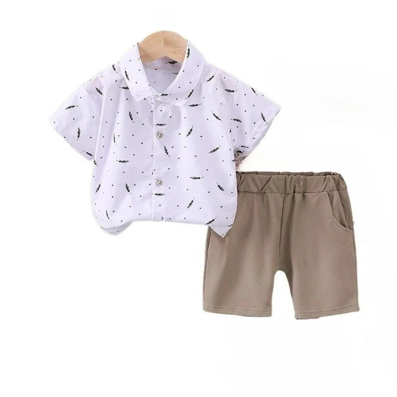 Conjunto Infantil Camisa Penas — Camisa Social + Bermuda Bege