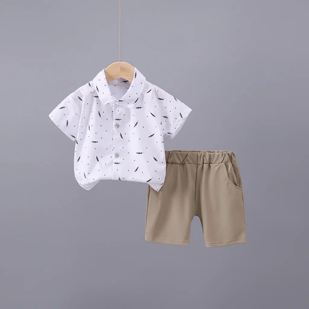 Conjunto Infantil Camisa Penas — Camisa Social + Bermuda Bege
