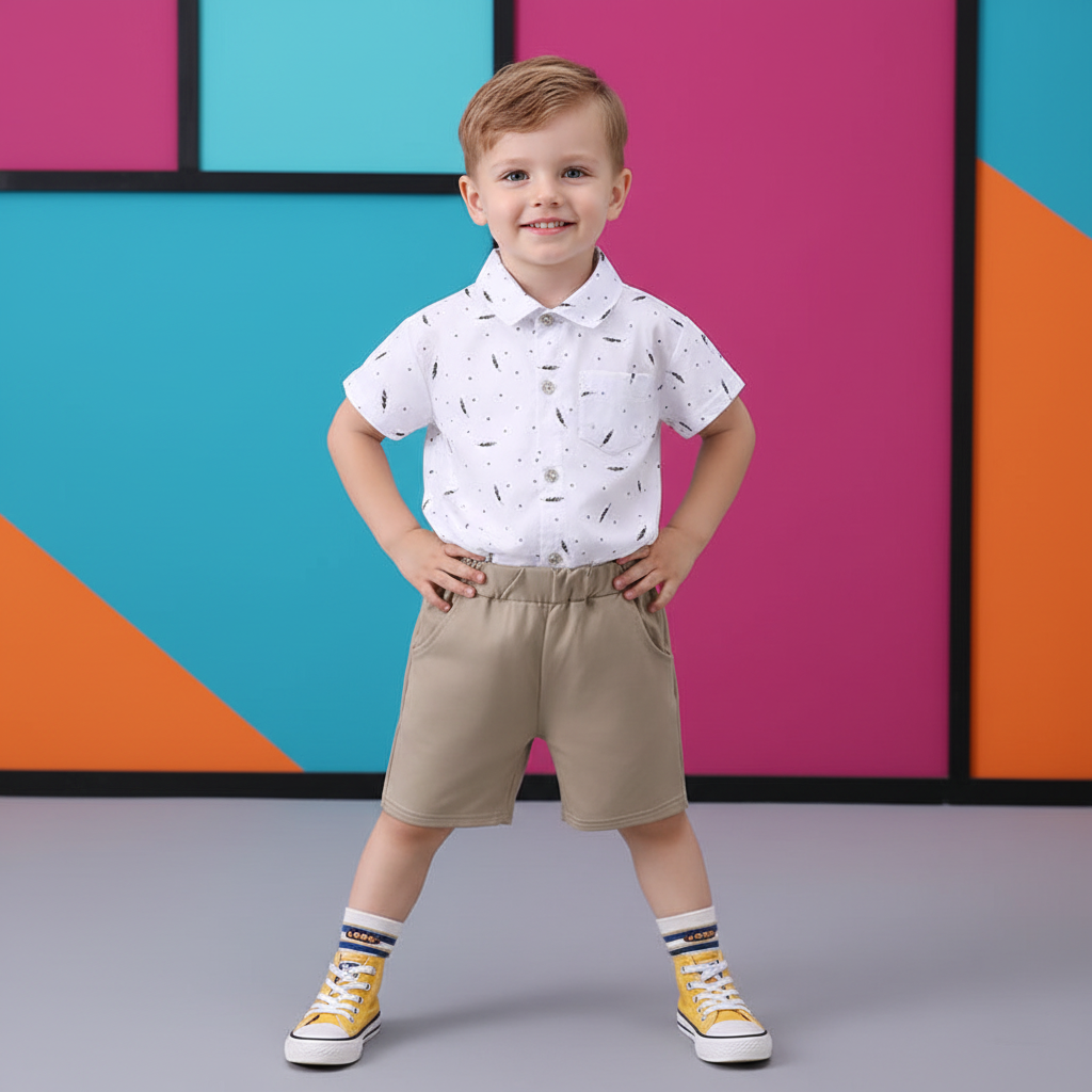 Conjunto Infantil Camisa Penas — Camisa Social + Bermuda Bege