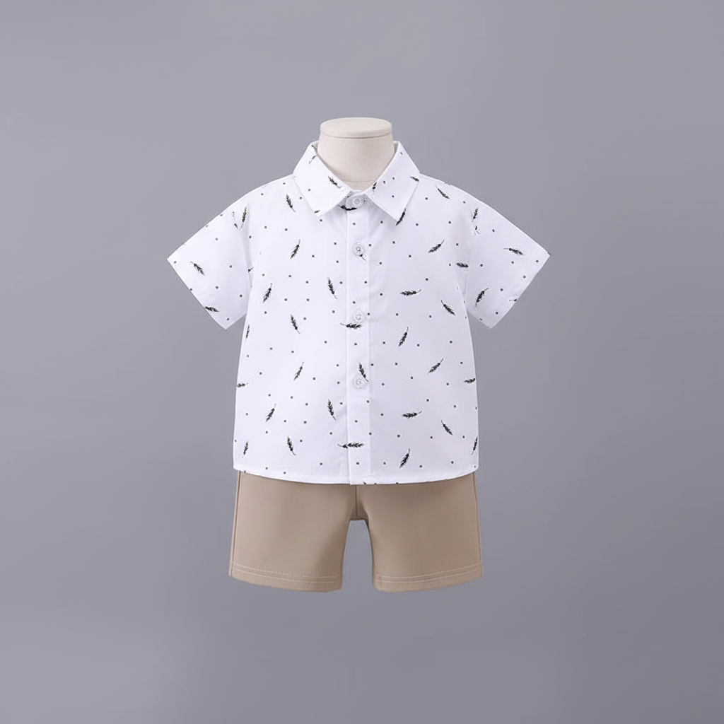 Conjunto Infantil Camisa Penas — Camisa Social + Bermuda Bege