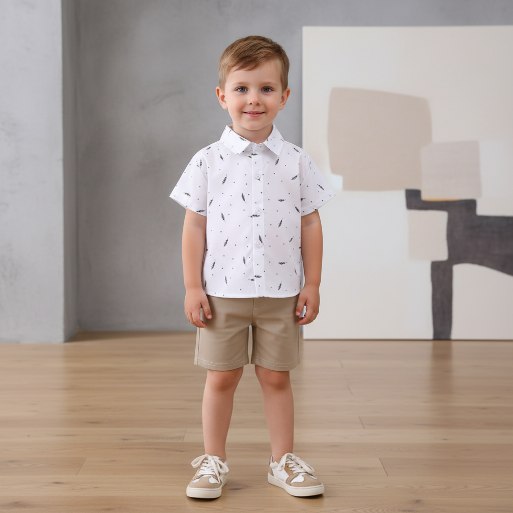 Conjunto Infantil Camisa Penas — Camisa Social + Bermuda Bege