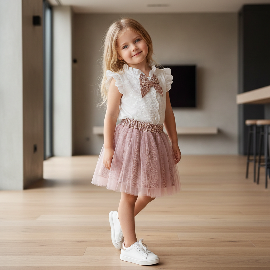 Conjunto Infantil Jardim Encantado — Top de Renda Branca + Saia de Tule Floral Rosa