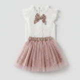 Conjunto Infantil Jardim Encantado — Top de Renda Branca + Saia de Tule Floral Rosa
