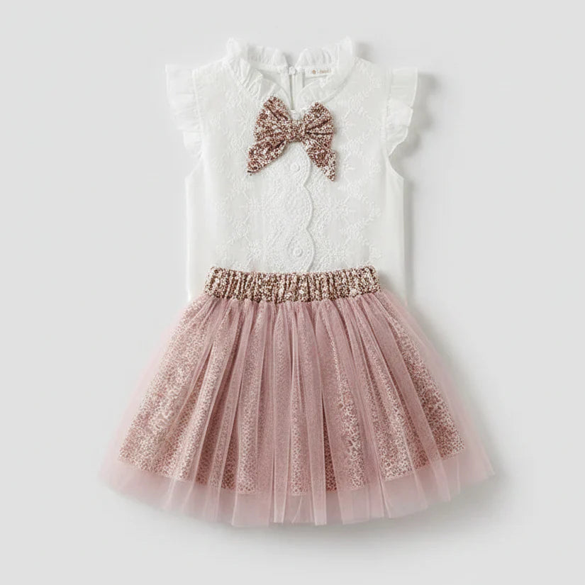Conjunto Infantil Jardim Encantado — Top de Renda Branca + Saia de Tule Floral Rosa