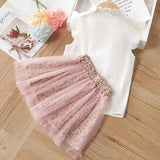 Conjunto Infantil Jardim Encantado — Top de Renda Branca + Saia de Tule Floral Rosa