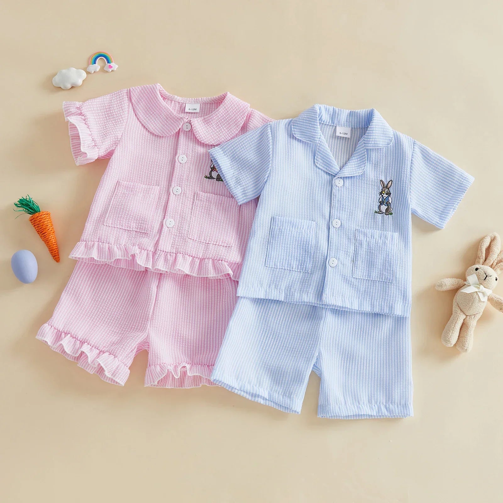 Peter Rabbit Pink Ruffle & Blue Striped Cotton Pyjama Sets