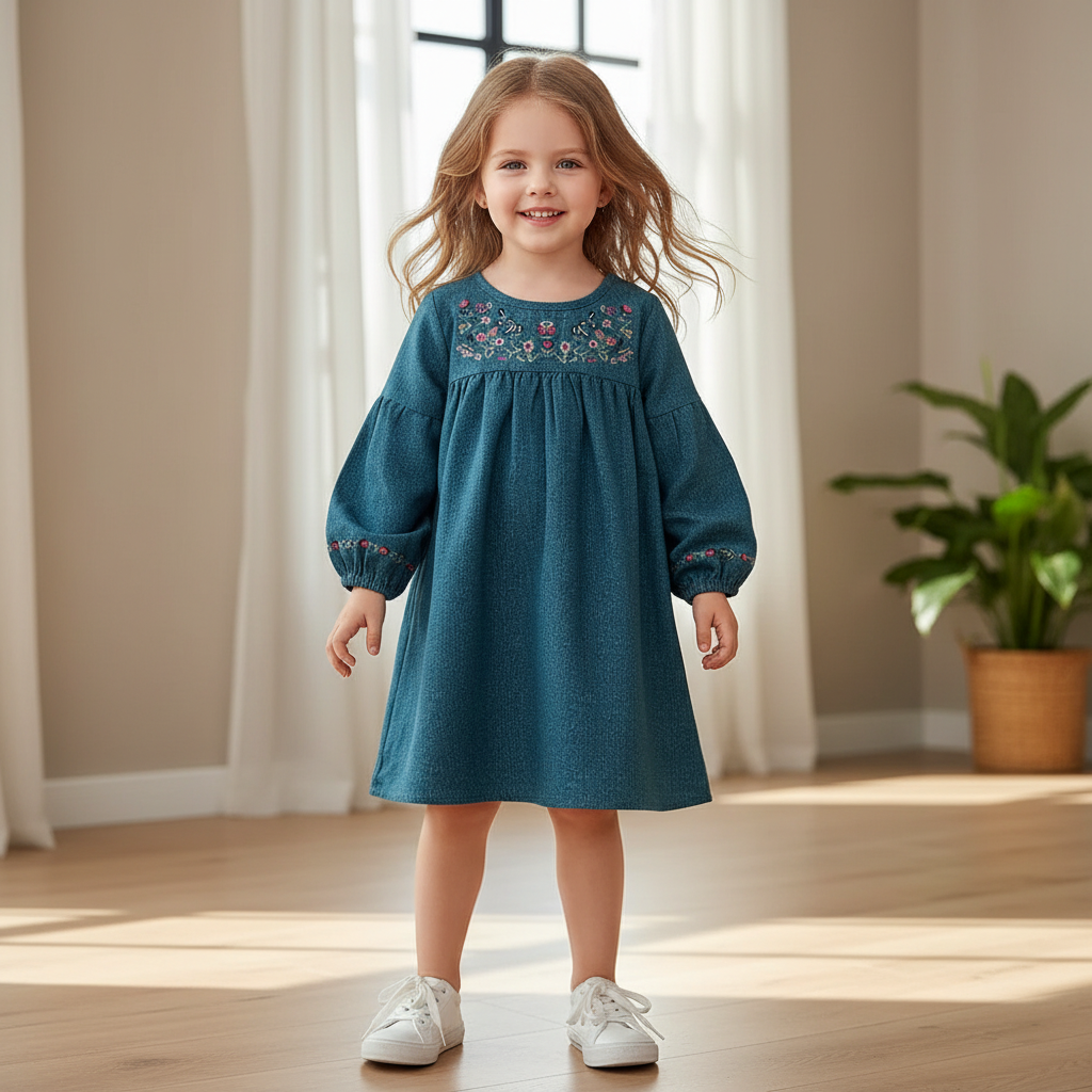 Vestido Infantil Azul-Petróleo Encanto Floral — Pala Bordada + Mangas Bufantes