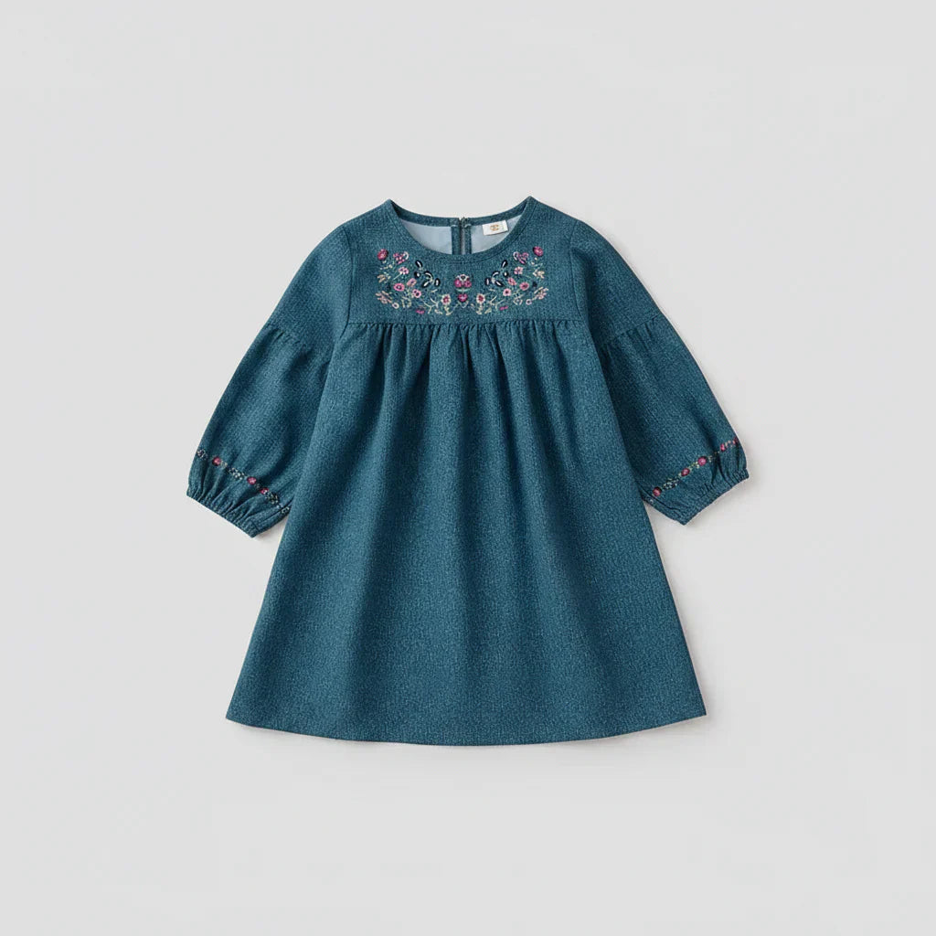 Vestido Infantil Azul-Petróleo Encanto Floral — Pala Bordada + Mangas Bufantes