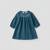 Vestido Infantil Azul-Petróleo Encanto Floral — Pala Bordada + Mangas Bufantes