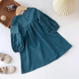 Vestido Infantil Azul-Petróleo Encanto Floral — Pala Bordada + Mangas Bufantes