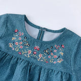 Vestido Infantil Azul-Petróleo Encanto Floral — Pala Bordada + Mangas Bufantes