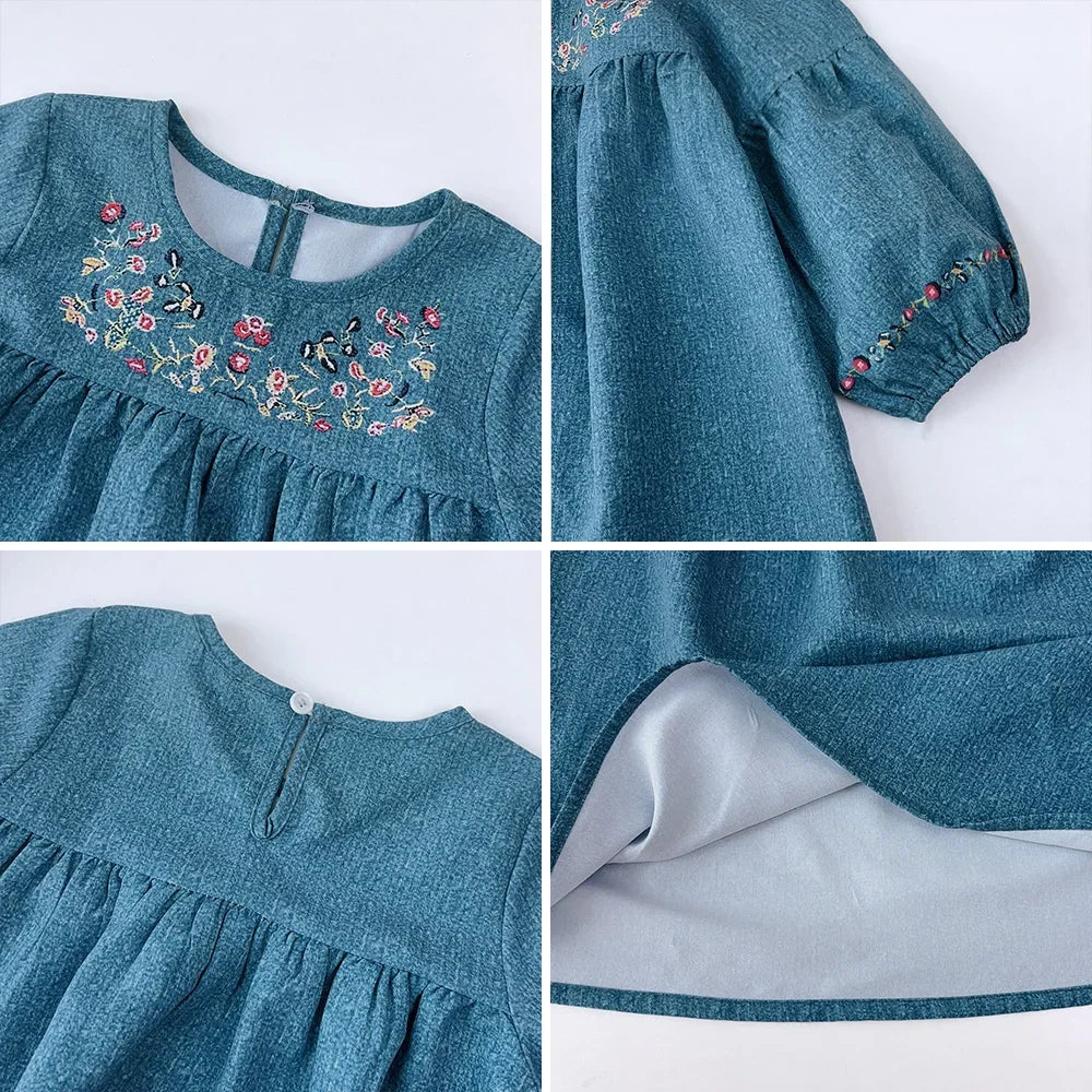 Vestido Infantil Azul-Petróleo Encanto Floral — Pala Bordada + Mangas Bufantes