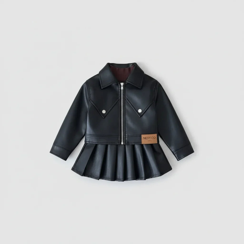 Conjunto Infantil Estilo Urbano — Jaqueta de Couro Sintético + Vestido de Saia Plissada