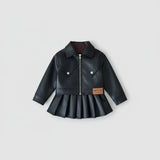 Conjunto Infantil Estilo Urbano — Jaqueta de Couro Sintético + Vestido de Saia Plissada