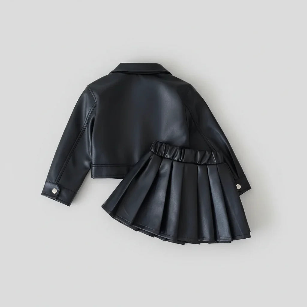 Conjunto Infantil Estilo Urbano — Jaqueta de Couro Sintético + Vestido de Saia Plissada