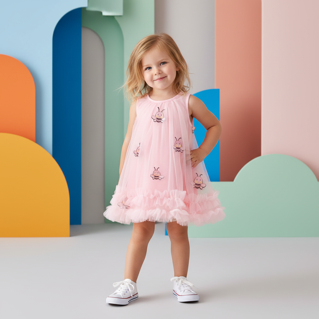 Vestido Infantil Azul Waffle — Babados + Bordado de Insetos Fofos
