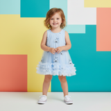 Vestido Infantil Azul Waffle — Babados + Bordado de Insetos Fofos