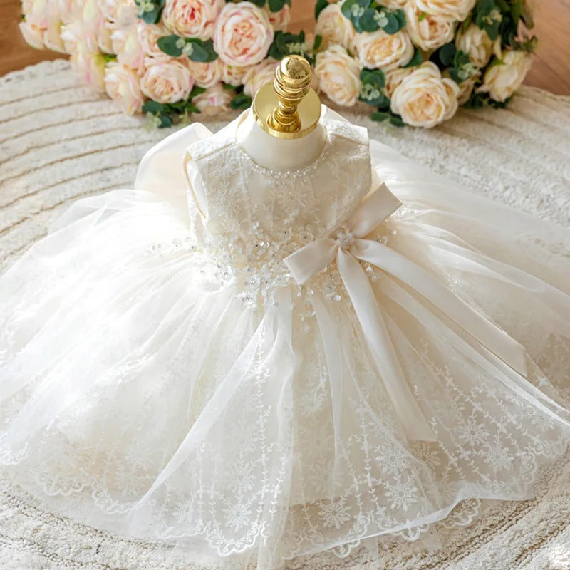 Vestido Infantil De Festa Branco Brilhante com Flores