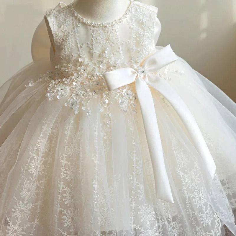 Vestido Infantil De Festa Branco Brilhante com Flores