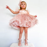 Vestido Infantil Luxo Rosa com Plumas | Festa e Cerimônia