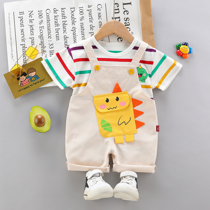 Conjunto Dinossauro — Camiseta Listrada + Jardineira
